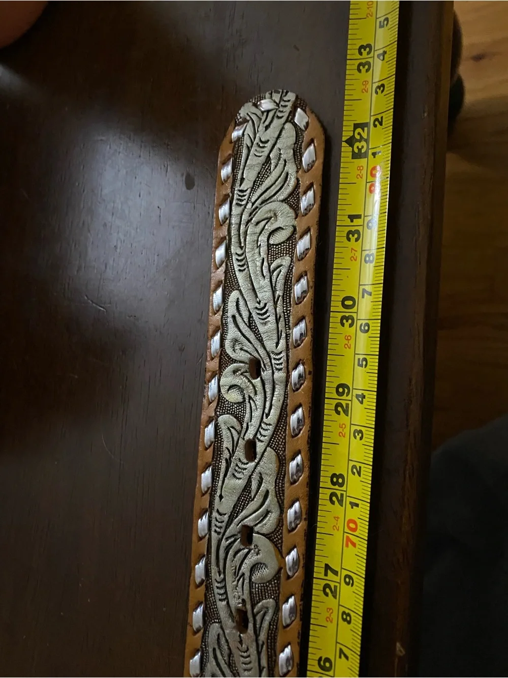 Women's Brown Leather Belt with Embossed Floral Detail and Brass Buckle